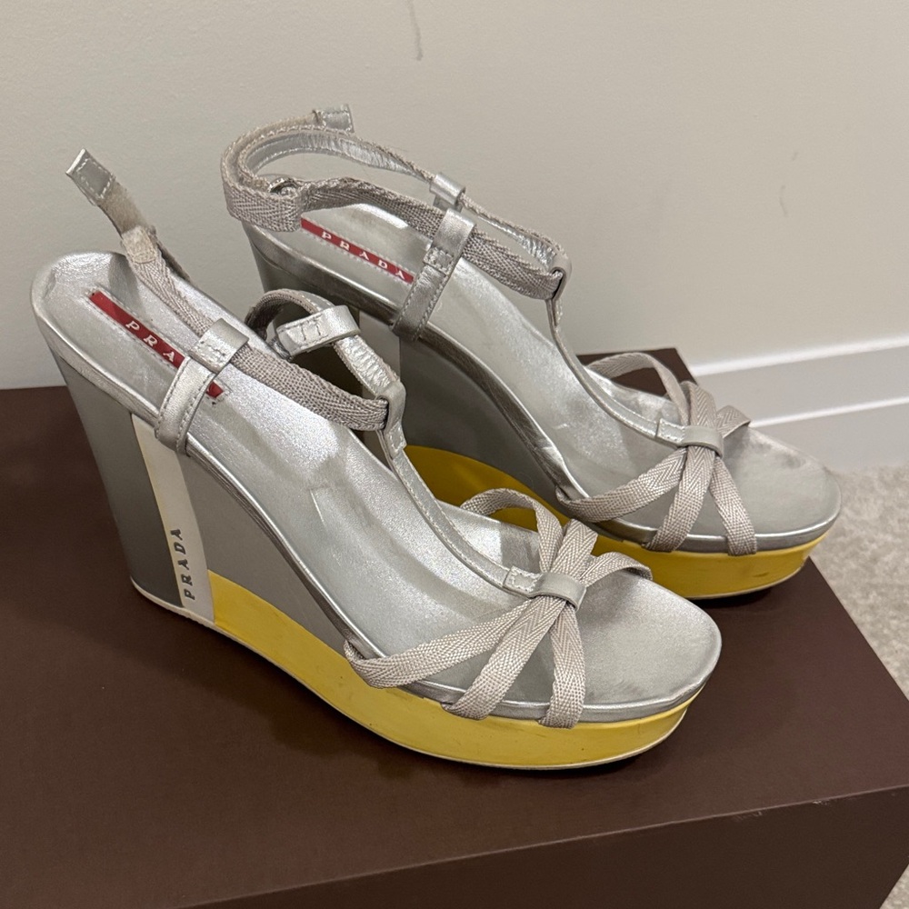 Prada Women's Metallic and Yellow Wedge Sandals